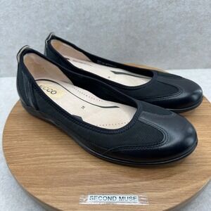 ECCO Bluma Ballet Flats Size 38 7 Black Leather Mesh Comfort Walking Shoes